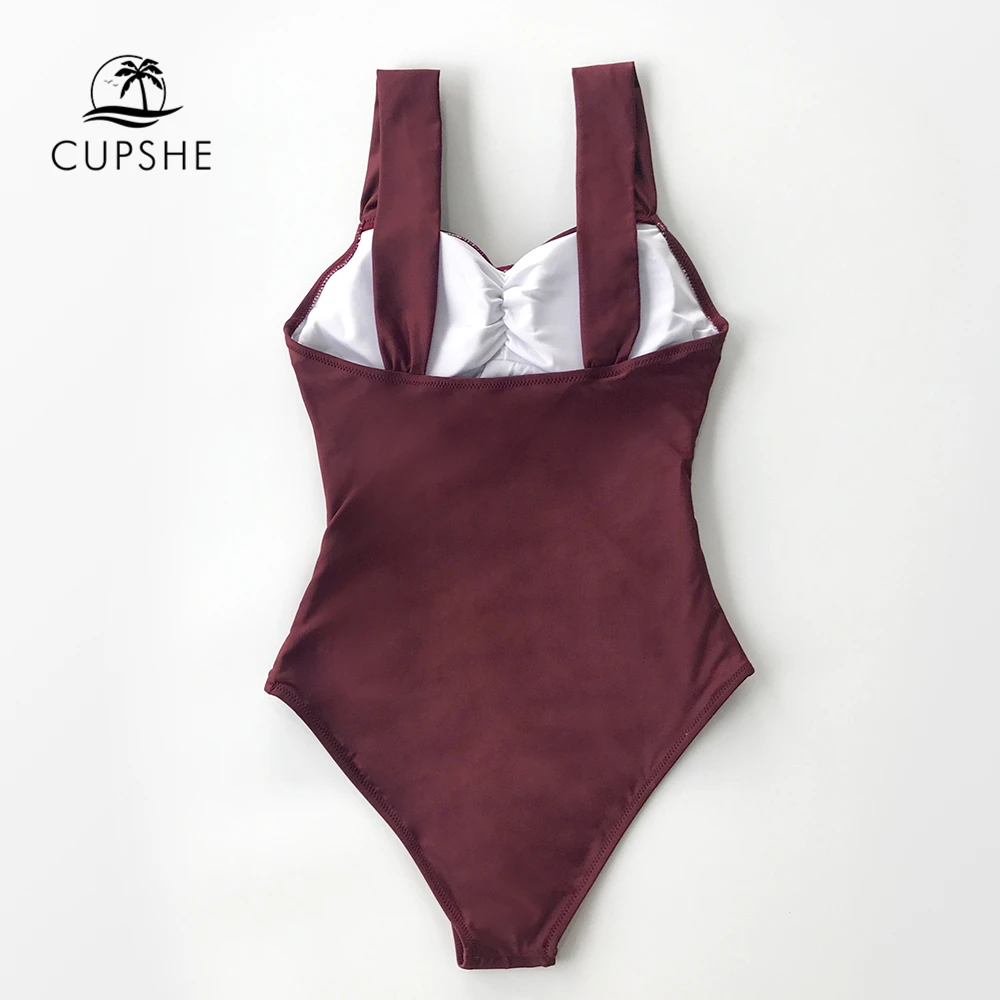 CUPSHE, Одноцветный, бордовый, с рюшами, Цельный купальник, женский, сексуальный, с мягкими чашечками, монокини,, для девушек, пляжный купальник, купальник