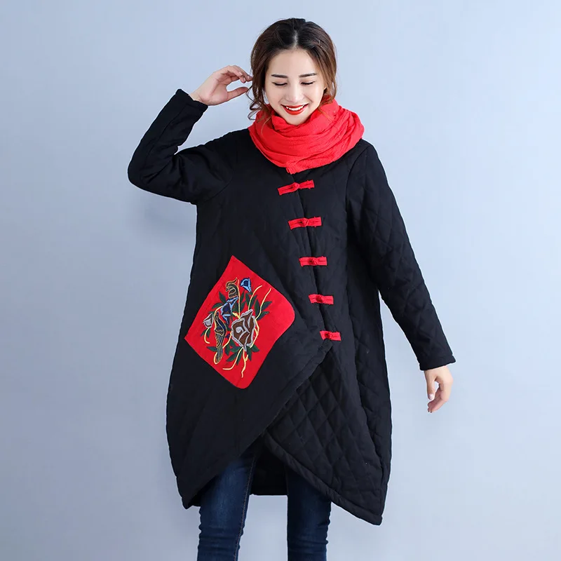 

2019 Winter New Style Ethnic-Style Large Size Cotton Linen Frog Loose-Fit Embroidered Casual Mid-length Cotton Overcoat