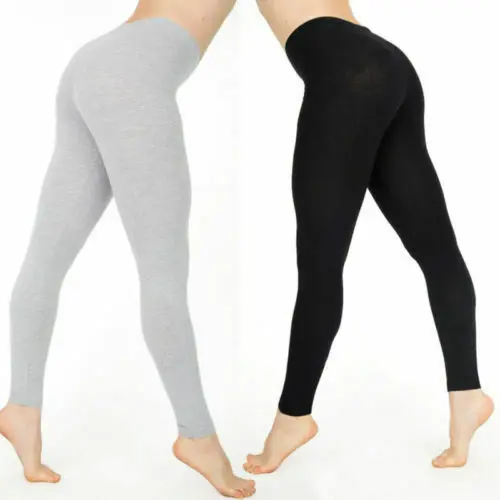 Women Cotton White Black Solid Color Skinny Stretchy Pants Casual Yoga Leggings 