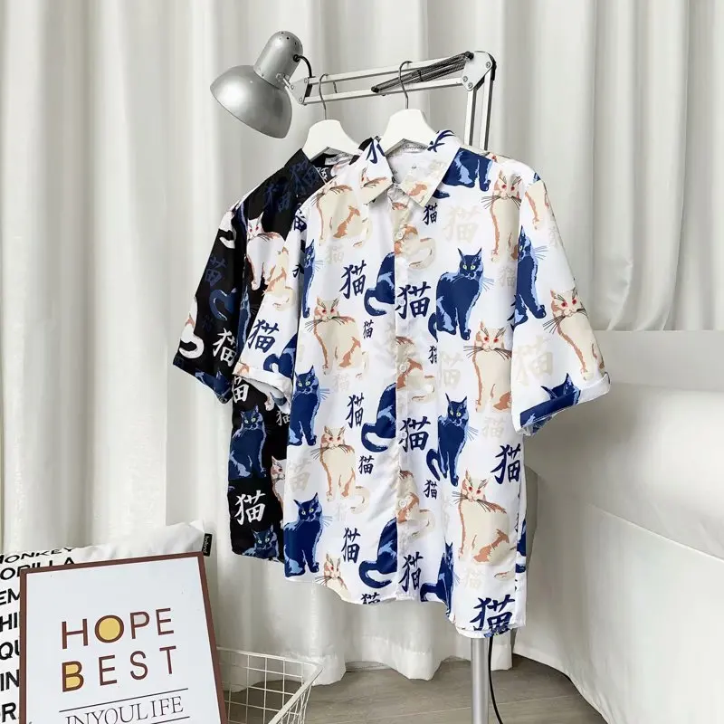 Fashion Mens Short Sleeve Hawaiian Shirt Fast drying Plus Size Asian Size M-3XL Summer Casual Cute cat Beach Shirts For Men