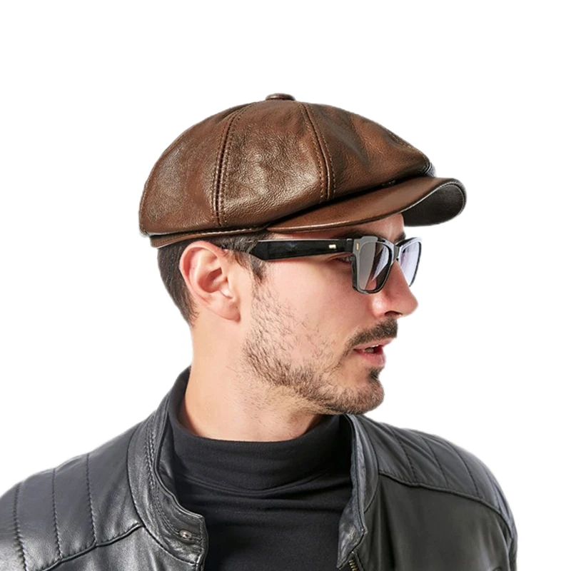 Hats Men Winter 100% Genuine Leather Warm Cap Male Beret Painter Boina Cowhide Octagonal Casquette Streetwear beret hat,woolen beret