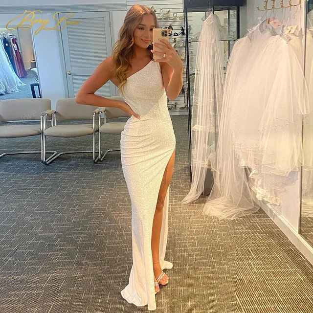 One Shoulder Ivory Prom Dress Sequins 