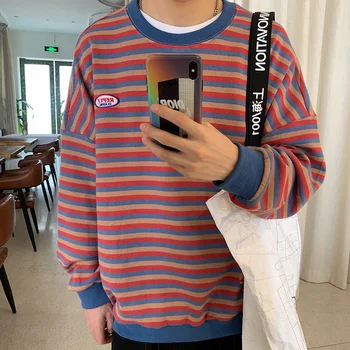 

2019 Male Autumn Loose Korean Version Striped Wild Trend Casual Pullover Large Size Four Colors Harajuku Streetwear