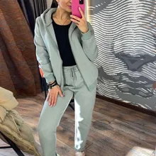

Pure Color Hooded Zipper Top + Pants Suit Lady 2021 Autumn and Winter Elegant Fashion Two-piece Pants Suit