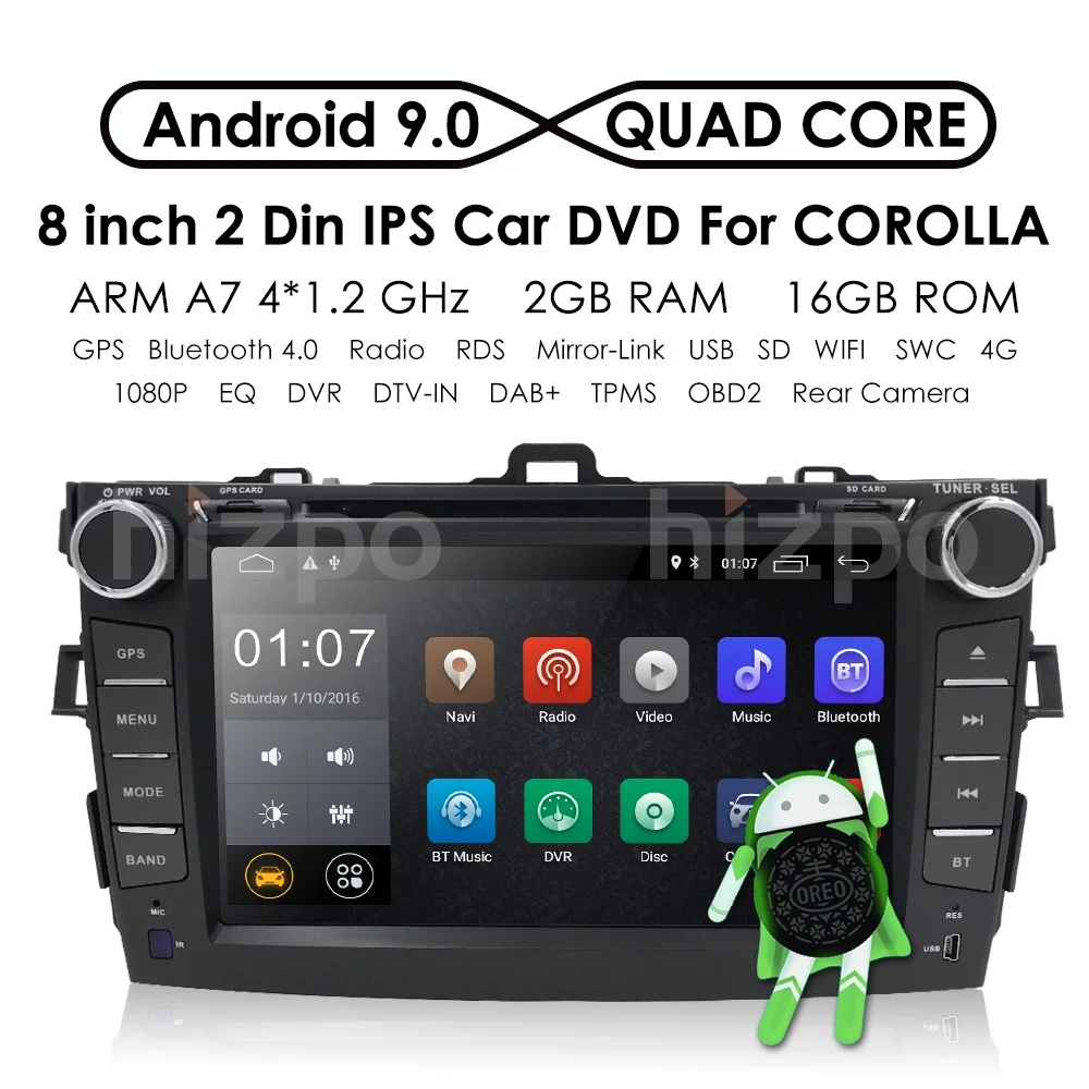 Top 8" 2Din Android 9.0 Car DVD GPS Player For Toyota Corolla 2007-2011 Bluetooth WIFI OBD2 Touch Screen 4-Core +Map+Free Camera 2