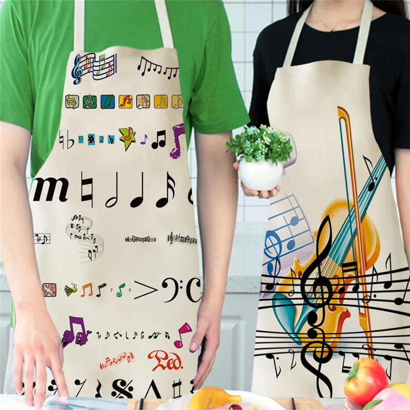 1 Pcs Musical Note Pattern Kitchen Aprons for Woman and Man Dinner Party Cotton Linen Bibs Cooking Cleaning Tools