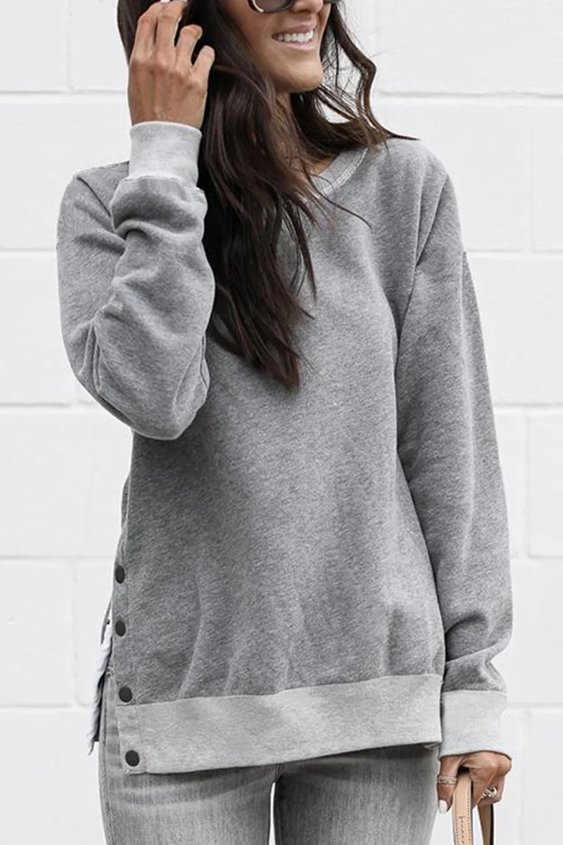 

Autumn Long Sleeve Oversized Hoodie Women Harajuku Hoodies Buttons Solid O-Neck Pullovers Sweatshirt Plus Size