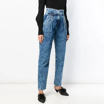 

2020 Denim Trousers For Women High Waist Patchwork Heavy Rivets Long Jeans Female 2020 Spring Streetwear Fashion Tide