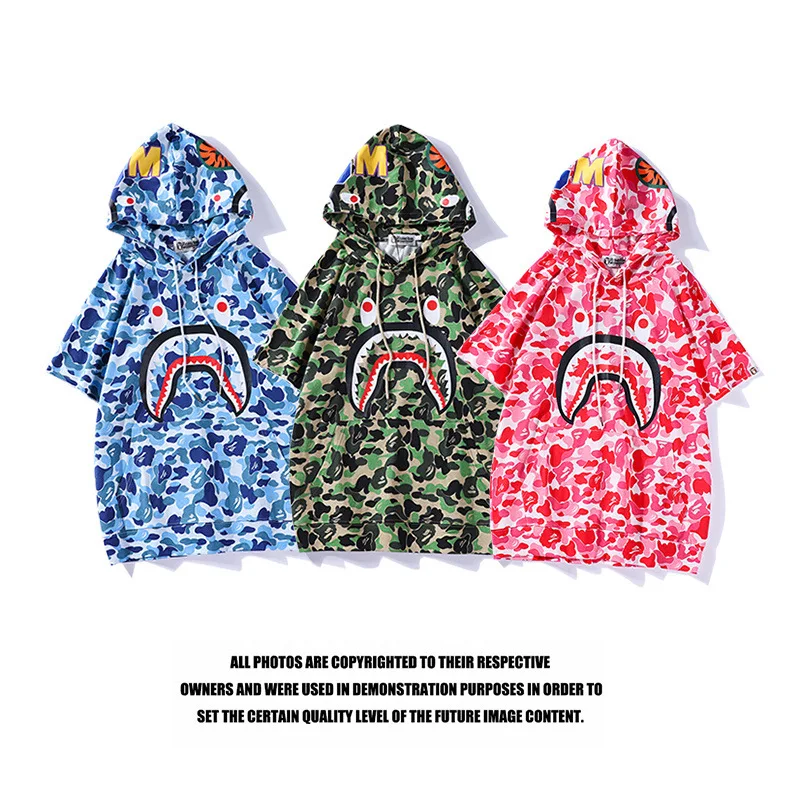 

2018 Summer New Style Japanese-style Popular Brand Camouflage Blue Light Green Hooded Pullover Large Size Loose Short Sleeve T-s