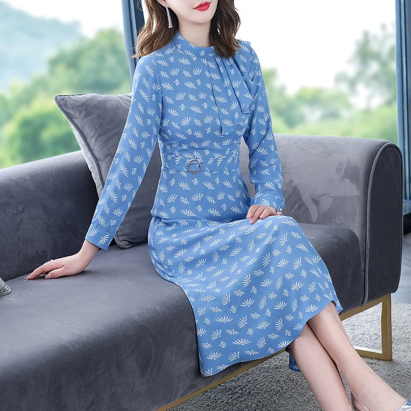 

Blue Floral Chiffon Dress 2020 Long Sleeve Waist Temperament Li Collar Lotus Leaf Edge Medium Length Money Skirt