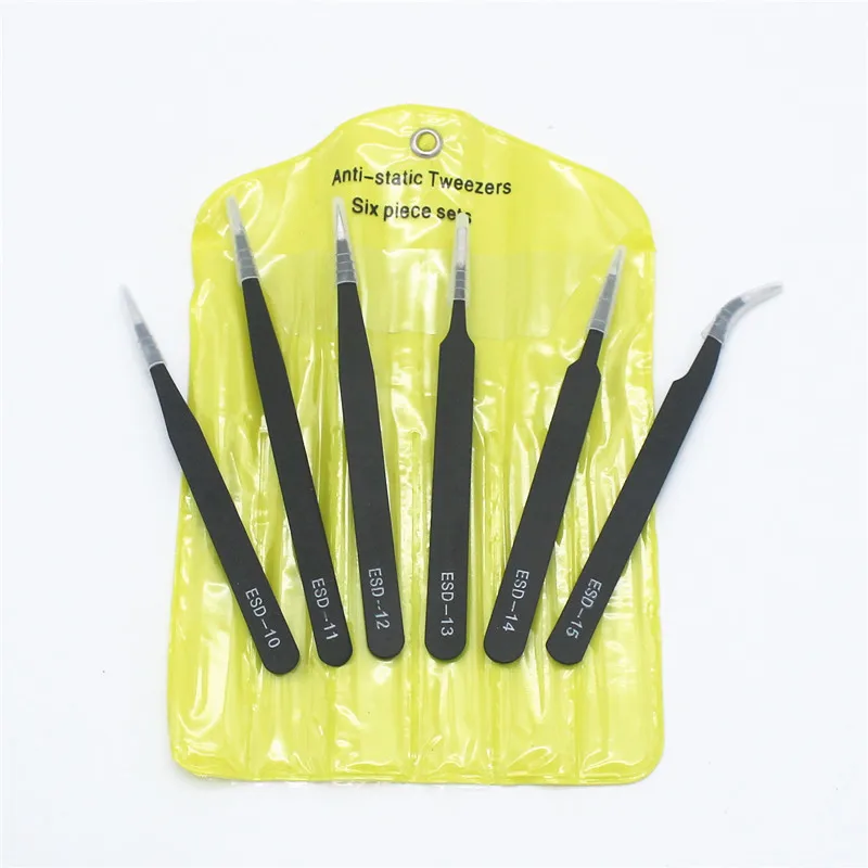 

6-Piece Set Static-free Tweezers Black Tip Elbow Stainless Steel Tweezers for Eom Customizable Logo