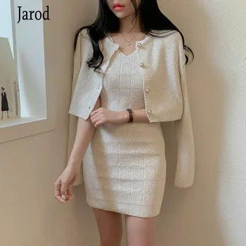 

New Fashion 2020 Autumn Knitted 2 Pieces Set Women Single-Breasted Cardigan coat + Bodycon sleeveless Dress Suit Women's Sets