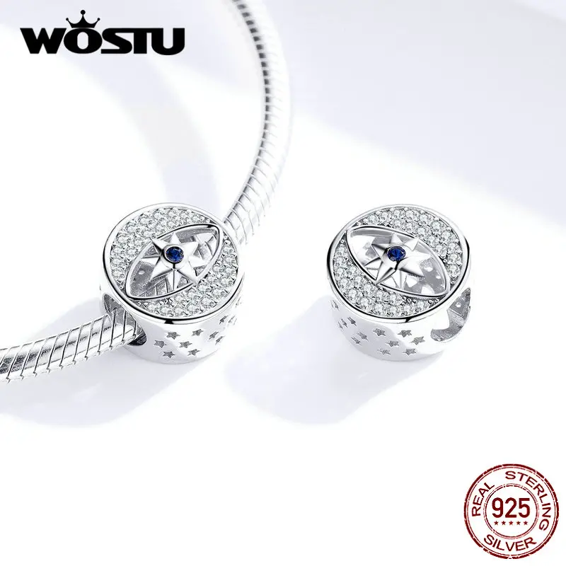 WOSTU, 925 пробы, серебряные круглые бусины дьявол глаз, голубой циркон, шарм, подходит для оригинального браслета, подвеска, серебро 925, ювелирные изделия DXC1368