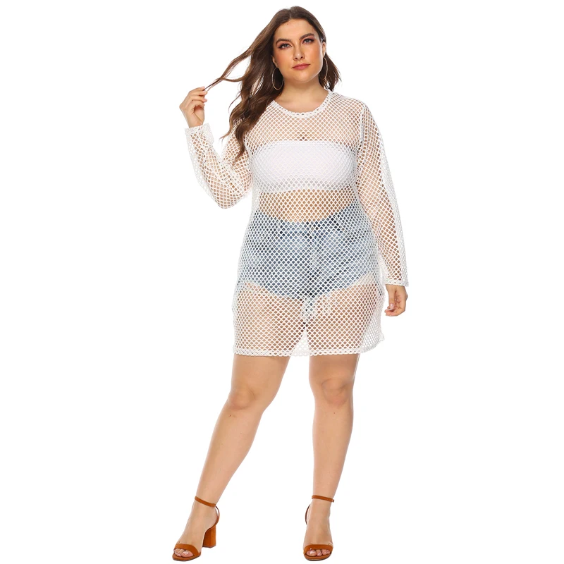 New Fish Net beach Cover Up sexy women long sleeve Sheer Bikini swimwear bathing suit Cover ups beach dress