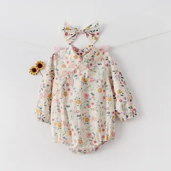 

5028 2020 Autumn Floral Girls Baby Qipao Pure Cotton Long Sleeve Romper + Hairband Tang Clothes For Baby Kids