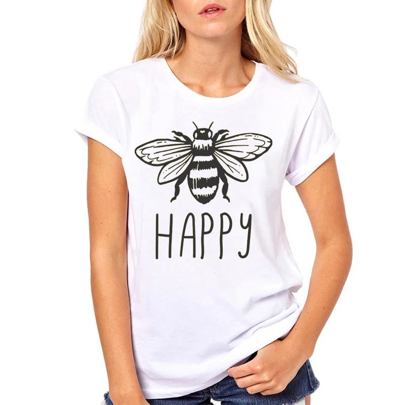 

Women Clothes Bee Happy Short Sleeve Animal Cute Style Cartoon Printed Ladies Woman Harajuku Punk Top Tee Shirt T Female T-shirt