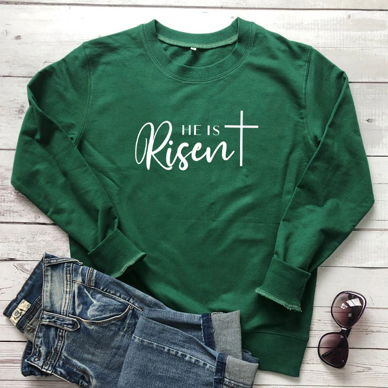 

He Is Risen 100%Cotton Sweatshirt Unisex Religious Christian Jesus Sweatshirts Casual Women Long Sleeve Easter Holiday Pullovers