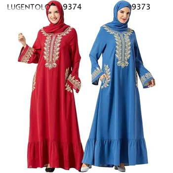 

Lugentolo Women Dress Decorous Embroidery Lady Muslm Pocket Long Sleeve Big Swing Plus Size Elegant O-neck Maxi Dresses