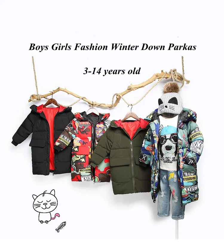 Новые зимние детские пуховики и парки От 3 до 12 лет верхняя одежда для мальчиков и девочек ветрозащитные пальто с капюшоном современные модные длинные плотные парки для детей