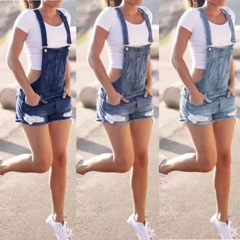 

New Style with Holes Cowboy Bib Shorts Women's Fashion Sexy Jumpsuits Women Street Style Hole Cowboy Shorts Denim