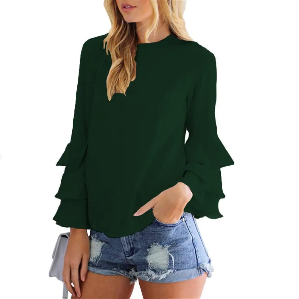 Осенняя Женская тонкая шифоновая рубашка со складными рукавами, повседневная женская блуза с круглым вырезом, однотонная шифоновая рубашка - Color: Green