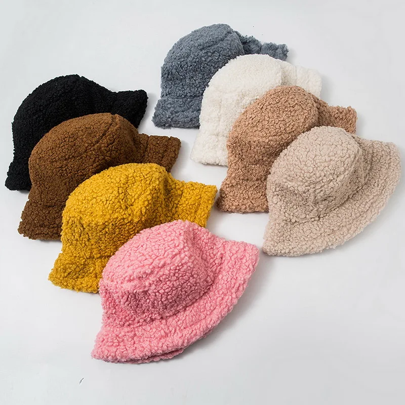 

Women Hat Solid Artificial Fur Warm Female Cap Faux Fur Winter Bucket Hat Women Outdoor Sunscreen Sun Hat Panama Lady Cap