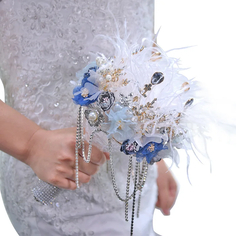 

Fariy Feathers Bridal Bouqutes Blue with Silver Crystal Beaded Bouquets Wedding Accesssories 14*28cm