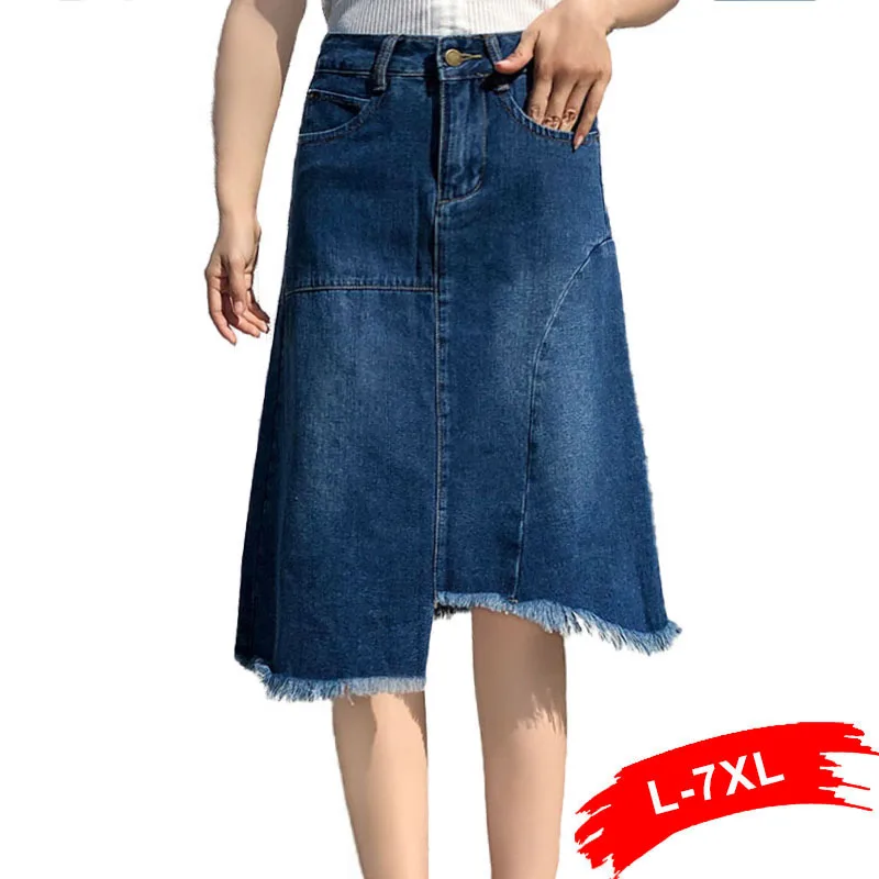 Plus Size Design Asymmetric Tassel Fringe Midi Long Jeans Skirts 3Xl 5Xl 7Xl Summer Streetwear Denim Skirt Vestidos |