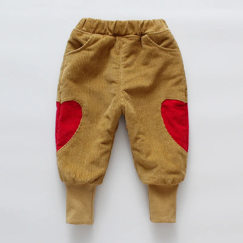 Детские вельветовые Плотные шаровары с хлопковой подкладкой; одежда для маленьких девочек; зимние детские свободные плюшевые брюки с сердечками для мальчиков