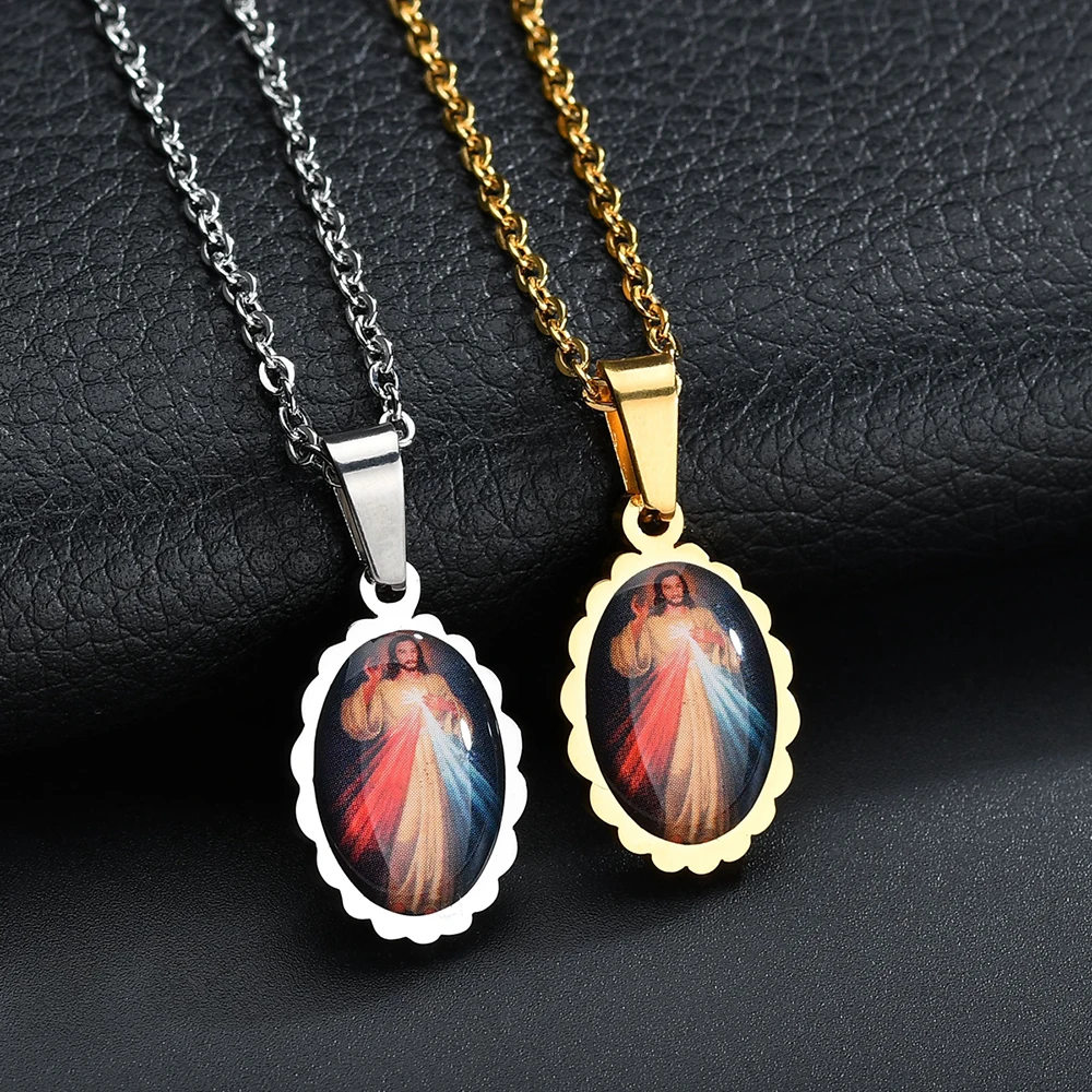 Akizoom Pendant Necklace Virgin Mary Golden Color Christian Jesus Oval Stainless Steel Catholic Men Women Religion Gifts