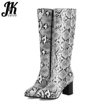 

JK Snake Skin Pu Boots Women Mid-Calf Boot Ladies Round Toe Shoes Female High Heels Thick Shoes Shoes Winter 2020 Plus Size 48