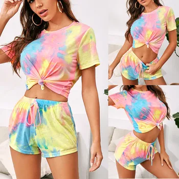 

2020 Sexy Women Suits Gradient Color Leisure Suit Home Service Set Short Sleeve Shorts Tracksuit Bodycon Pants Homewear Sleepwea