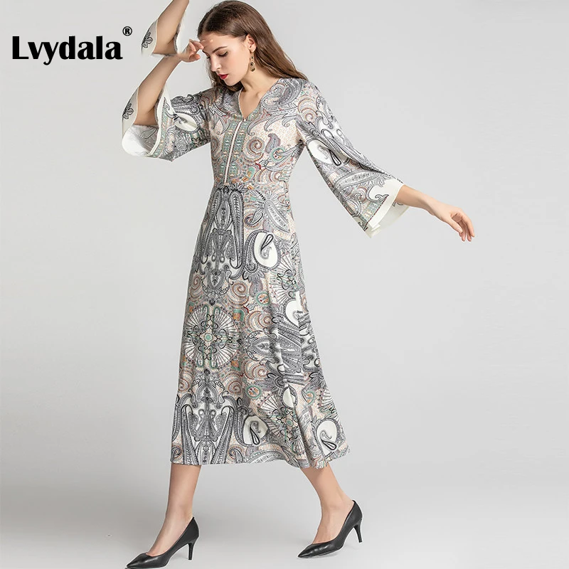 Lvydala, модное дизайнерское платье, весна-лето, женское платье с v-образным вырезом и расклешенными рукавами, винтажное платье с принтом