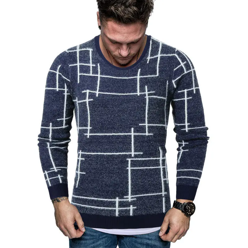 Autumn Winter Mens Sweaters Line Stitching Crew Neck Mens Pullover Sweaters Fashion Slim Males Casual Sweaters