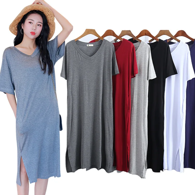 

Large Size Dress Summer 2019 New Style Modal Short Sleeve Loose Sundress Women's V-neck Mid-length Korean-style WOMEN'S Wear