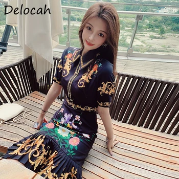 

Delocah Women Fashion Runway Midi Dress Short Sleeve Beading Shirred Floral Print Bodycon Fit Ladies Mermaid Dresses vestidos