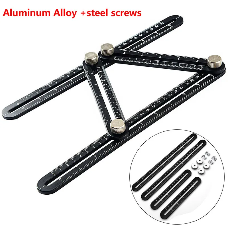 Black Aluminum Alloy Four-Sided Ruler Measuring Instrument Template Angle Tool Mechanism Slides ruler protractor general tools - Цвет: opp bag package