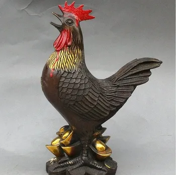 

316 10 Marked China Bronze Gilt Zodiac Year Cock On Wealth YuanBao Coin Money Statue