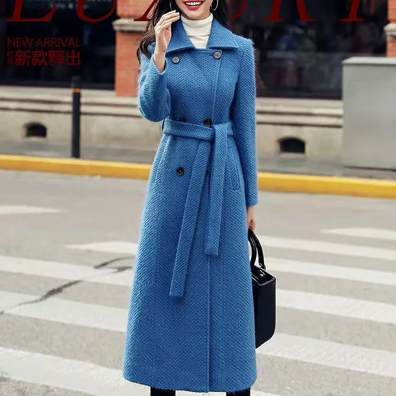 

Autumn Winter Office Lady Slim Lapel Double Breasted Sashes Long-Ankle Wool Coat Women Elegant Retro Woolen Jacket Ropa Mujer