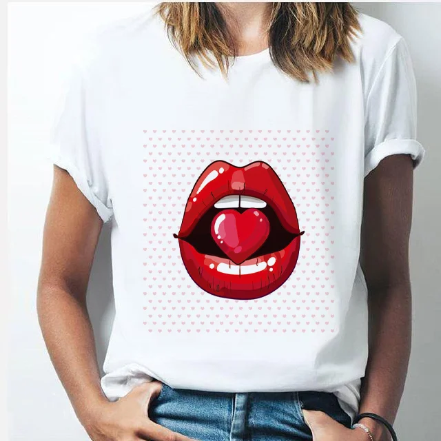 

Red Lips Fruit Cherry Sexy women T-shirt Seductive Colorful Lips print Short Sleeve Fashion clothing Harajuku Korean Style Tops