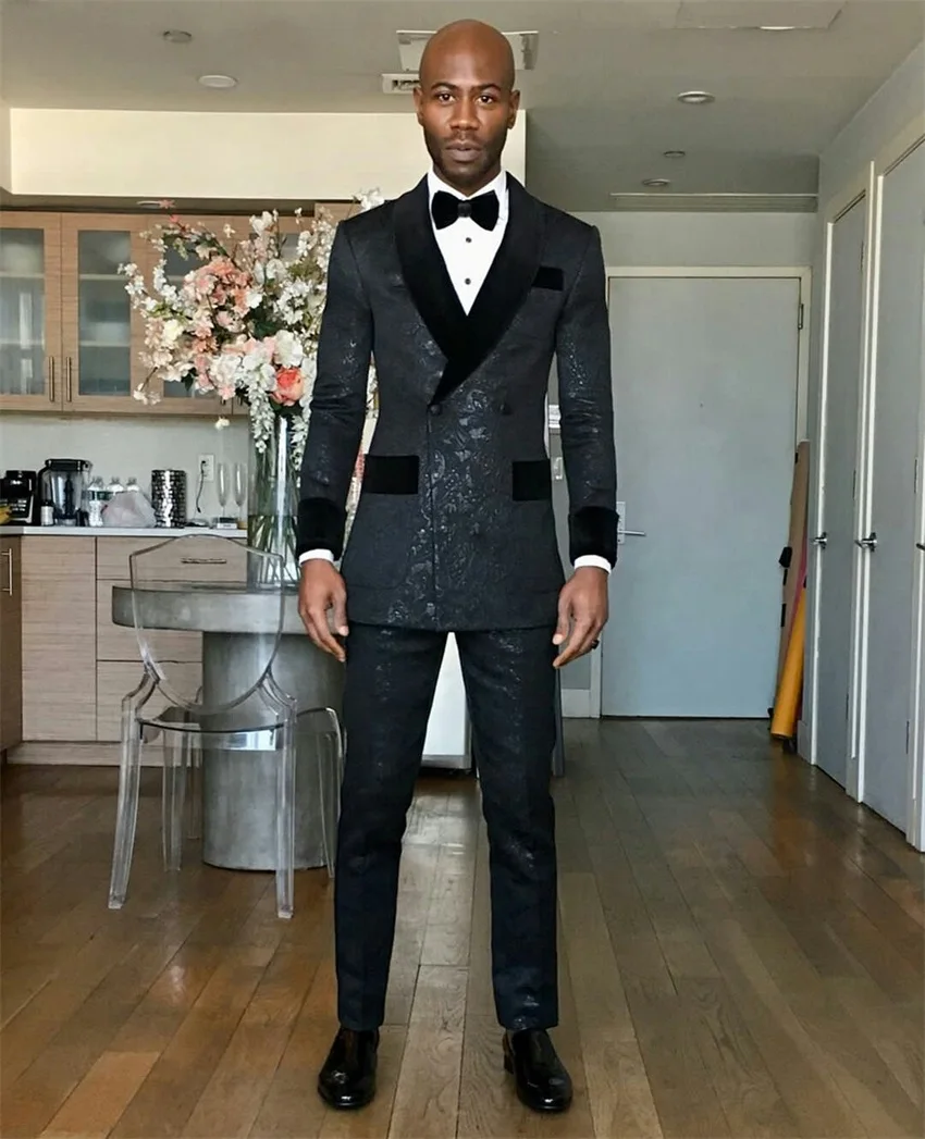 Black Men\'s Suit with Belt Velvet Lapel Jacquard Wedding Groom Tuxedos Dinner Party Custom Made Jacket and Pants 2 Pcs