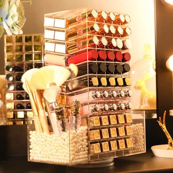 

110 Lattices Acrylic Lipstick Tower 360 Degree Rotating Lipstick Rack with 2 Makeup Brush Holders As A Gift for Girl/Women/Lady