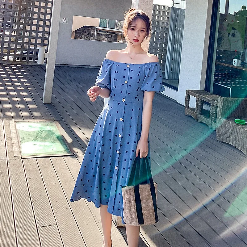 

Photo Shoot CHIC Hepburn Wind Retro Blue Polka Dots Puff Sleeve Slim Fit Single-Breasted off-Shoulder A- line Dress Women's