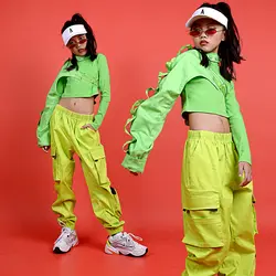 Джазовые танцевальные костюмы для девочек, флуоресцентные зеленые костюмы, уличная танцевальная шоу, сценический бальный костюм, хип-хоп