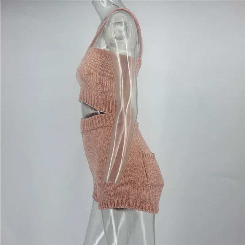 VOGDEATT Sexy Knitted Suit Women Two-piece Sleeveless Sweater Elegant Party Ladies Bodycon playsuit vestidos Outfits Short Suit