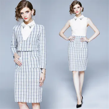 

Europe station two piece set dresses nail bead lapel plaid vest dress women autumn winter 2019 new OL