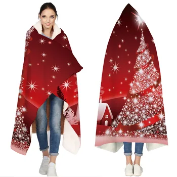 

Merry Christmas Tree Portable Wearable Fluffy Custom Hooded Blanket Fleece Hooded Throw WrapBed Blanket