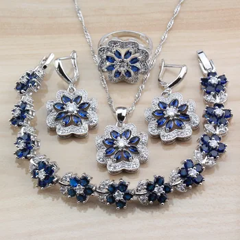 

Silver Color Flower 4PCS Jewelry Sets With Natural Stone CZ Blue Dangle Earrings/Bracelet And Ring Women Sets