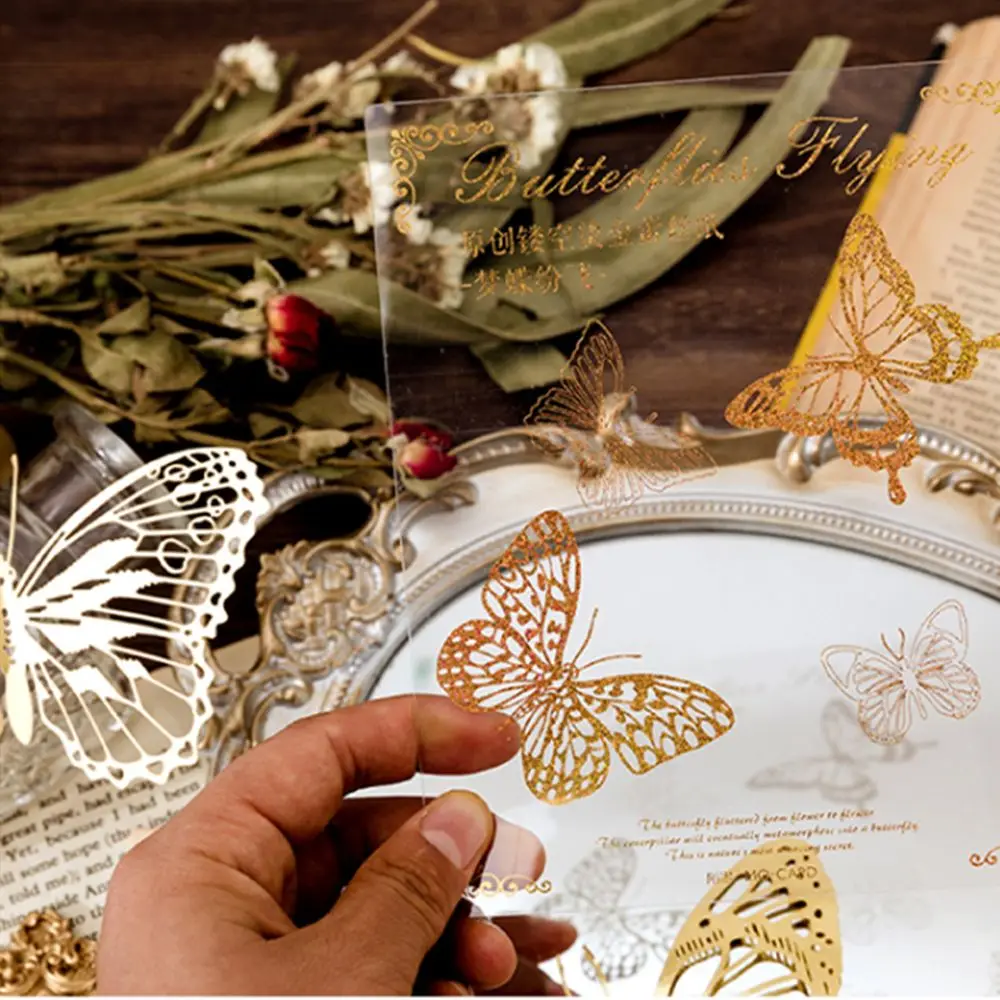 10Pcs Flower of life Bronzing Hollow Butterfly Lace Frame Decorative Stickers decorative stickers self adhesive stickers floral stickers butterfly stickers Scrapbooking Rainbow Laser PET Stickers DIY Diary