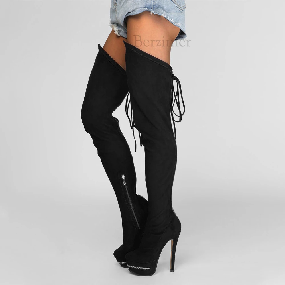 

BERZIMER Women Thigh High Heels Boots Faux Suede Over Knee High Heels Tall Boots Black Zapatos Shoes Woman Big Size 39 47 51
